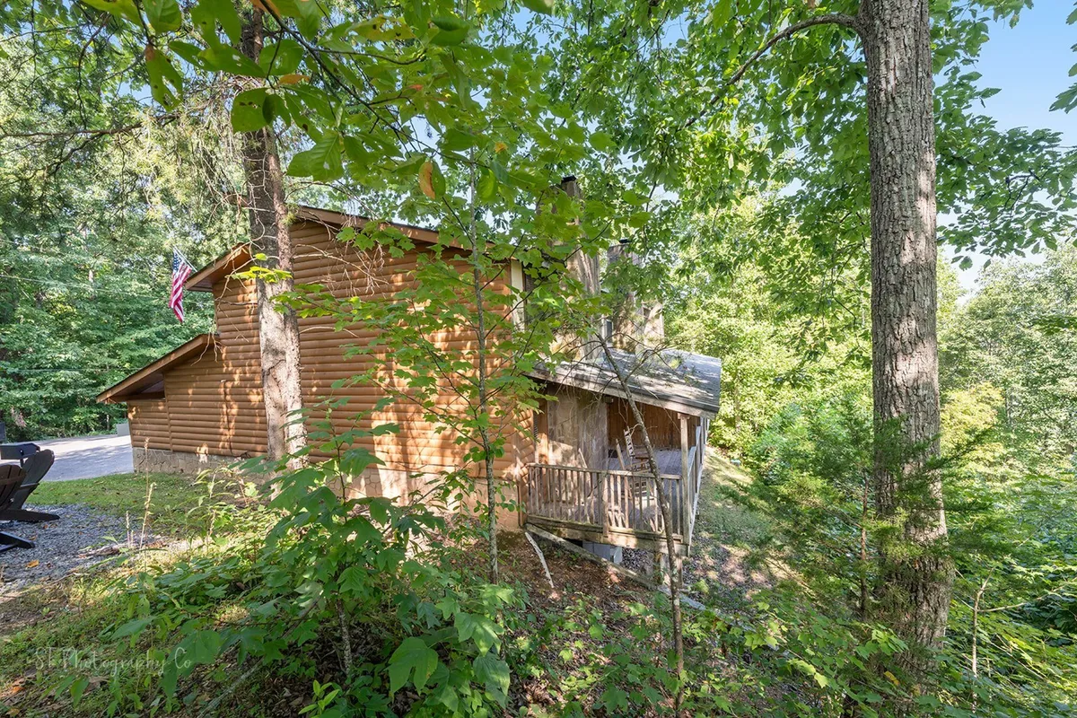 This photo showcases the exterior of Dolly's Lodge #1, a classic log cabin nestled among tall trees, with an inviting American flag at the entrance. The structure is surrounded by nature, suggesting a tranquil and adventurous setting ideal for families preparing to venture out to local attractions or the nearby national park.